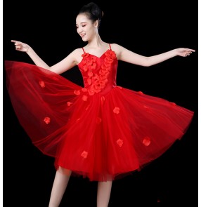 Women's pink red white singers chorus princess jazz dance dress modern dance group dancers stage performance flower dresses