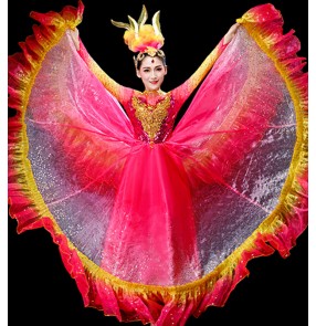 Women's pink sequins flamenco dresses petals modern spanish bull dance dress singers opening dance chorus choir performance dresses