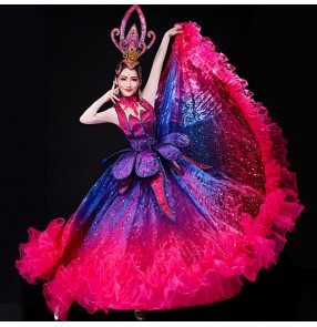 Women's pink with purple famenco dresses ballroom dresses opening dance chorus stage performance choir dresses