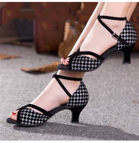 Women's plaid flocking latin dance shoes female adult soft-soled mid-high heel dance shoes ballroom Dancing shoes Soft sole square dance sandals