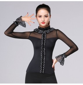Women's polka dot ballroom dancing tops black colored waltz tango chacha samba latin dance shirts blouses for female