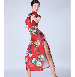 Women's printed latin dance cheongsam dresses female professional samba stage performance rumba salsa chacha dance skirts dress costumes