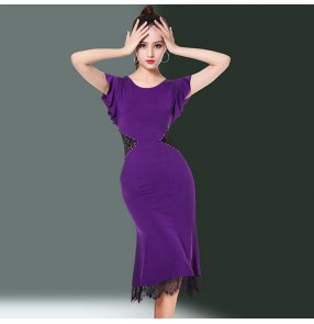 Women's purple fringes latin dance dresses female salsa rumba samba chcha dance dresses