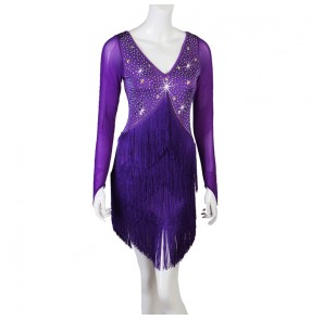 Women's purple rhinestones fringes competition latin dance dresses salsa  rumba chacha dance dresses
