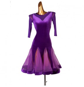 Women's purple velvet competition latin dance dresses salsa rumba chacha dance dresses