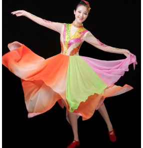 Women's rainbow colored modern dance ballet dresses stage performance umbrella fan dance dresses