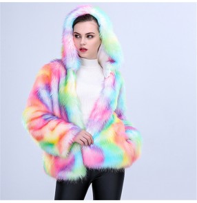 Women's rainbow faux fur coat stage performance singers night club performing hoodies faux fur coat for female