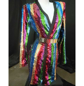 Women's rainbow striped sequin jazz dance bling blazers hot singers model gogo dancers performance coats blazers