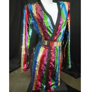 Women's rainbow striped sequin jazz dance bling blazers hot singers model gogo dancers performance coats blazers