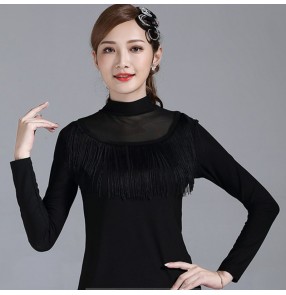 Women's red black fringes ballroom latin dance tops stage performance salsa chacha dance tops