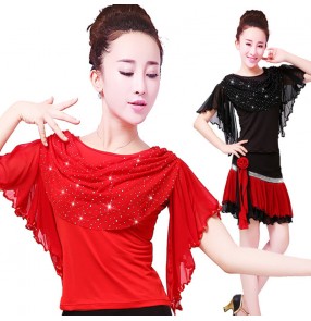 Women's red black sequins ballroom latin dance tops female ruffle neck stage performance salsa chacha dance tops shirts