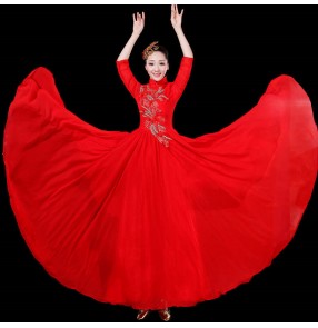 Women's red chinese dresses stage performance opening dance singers performance dresses classical dance chorus dresses