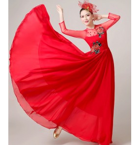 Women's red chinese folk dance dresses oepning dance ballroom dresses stage performance choir chorus dress for female