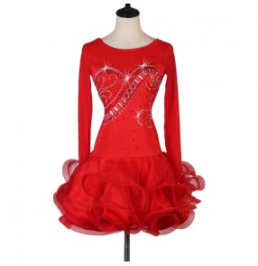 Women's red clored stones latin dance dresses ruffles skirts salsa rumba chacha dance dress costumes