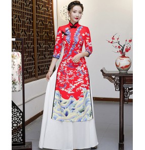 Women's red colored chinese dresses oriental traditional dress model show miss etiquette stage performance cheongsam dress