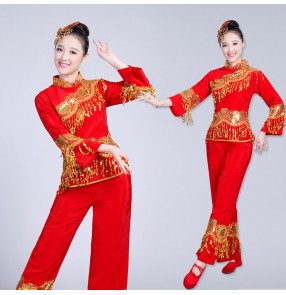 Women's red colored chinese folk dance costumes china yangko fan umbrella dance dresses