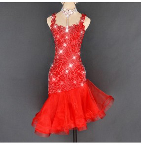 Women's red colored competition latin dance dresses rhinestones stage performance professional samba salsa chacha dance dresses