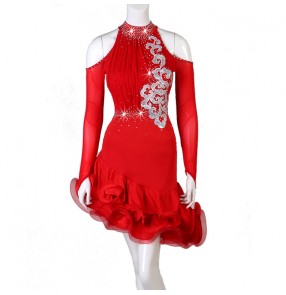 Women's red colored diamond competition latin dance dresses stage performance salsa samba chacha dance dress