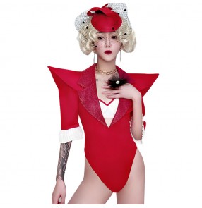 Women's red colored singers jazz dance bodysuits gogo dancers stage performance night dj ds dance outfits costumes jumpsuits