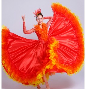 Women's red colored spanish bull dance dresses stage performance flamenco dresses opening stage performance chorus singers dance dresses