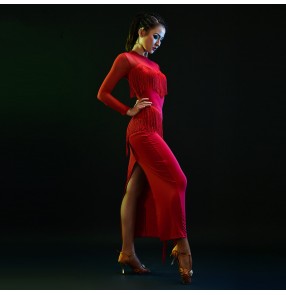 Women's red fringes latin dance dress long length black split sexy salsa chacha latin dress