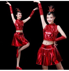 Women's red gold sequin jazz dance dresses dancers modern dance group dancers cheerleaders stage performance dresses