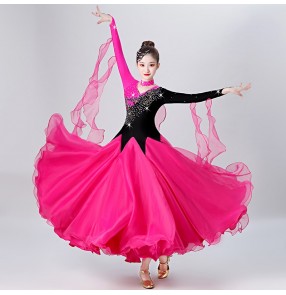 Women's red hot pink with black ballroom dancing dresses competition waltz tango dance dresses