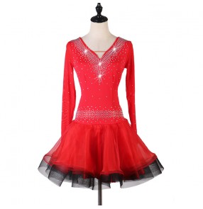Women's red latin dance dresses diamond salsa competiiton chacha salsa latin dance dress