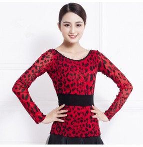 women's Red leopard ballroom dancing tops latin dance shirts blouses