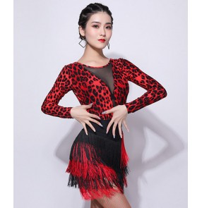 Women's red leopard fringes latin dance dress salsa chacha rumba dance leotard tops and skirts