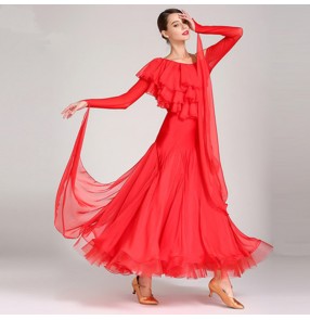 Women's red modern dance ballroom dancing dresses waltz tango foxtrot stage performance dance dresses skirts
