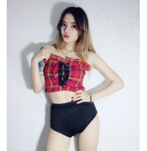 Women's red plaid jazz singers gogo dancers outfits cheerleader model hiphop modern dance costumes tops and shorts