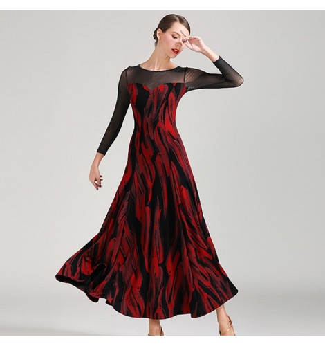 Women S Red Printed Competition Ballroom Dancing Dresses Professional Stage Performance Waltz Tango Dance Dresses