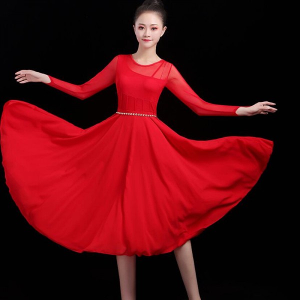 Women's red royal blue modern dance ballet dresses stage performance ...