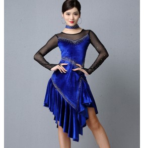 Women's red royal blue velvet tassels latin dance dresses salsa rumba chacha dance dresses