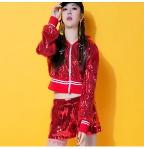 Women's red sequns jazz dance hiphop costumes cheerleaders stage performance gogo dancers hoddies tops and shorts