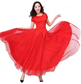 Women's red short sleeves ballroom dancing dress practice stage performance waltz tango dance dress
