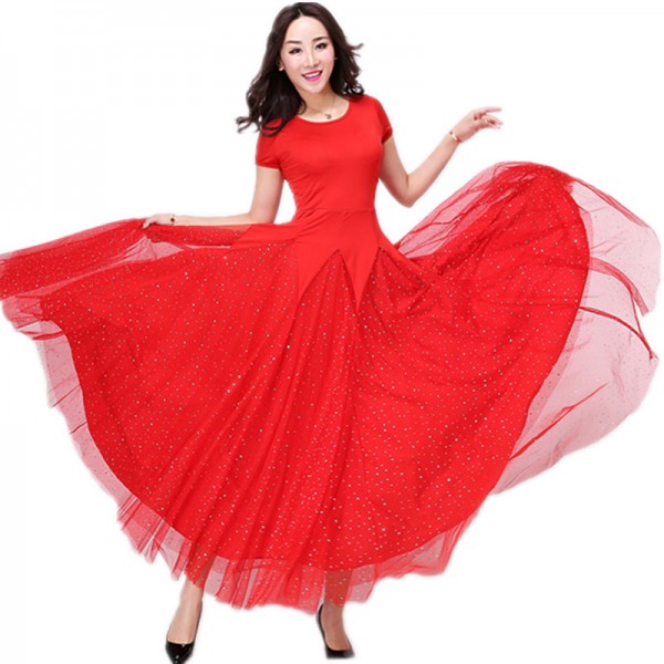 Women's red short sleeves ballroom dancing dress practice stage ...