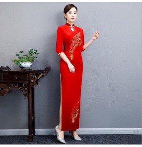 Women's red velvet chinese dresses traditional chinese qipao dresses miss etiquette dress oriental style evening party dresses show dress