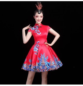 Women's red with blue chinese folk dance dress yangko fan umbrella dance costumes classical dance chinese qipao dresses