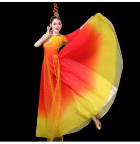 Women's red with gold chinese traditional singers chrous dance dress fairy dresses classical dance dresses opening dance dresses