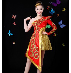 Women's red with gold chinese yangko dummer performance dresses stage performance dragon performance dresses