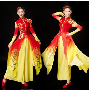 Women's red with gold gradient colored chinese folk dance dress female ancient traditional drummer classical dance dresses