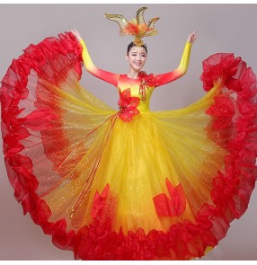 Women's red with gold petals spanish flamenco bull dance dress opening dance ballroom dancing dress
