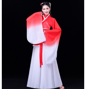 Women's red with white gradient hanfu fairy dresses chinese folk dance costumes ancient traditional kimono dresses