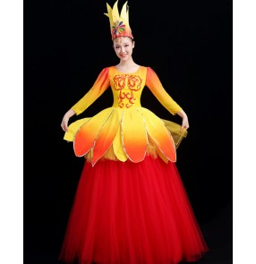 Women's red with yellow gradient petals singers host opening dance dresses choir chorus stage performance dresses