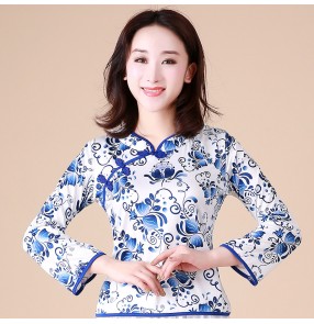 Women's retro chinese qipao dress tops square dance latin ballroom dance white with blue printed blouses oriental shirts for female