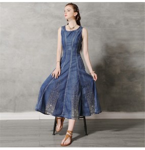 Women's retro embroiderd denim dresses sleeveless tank fashion long dresses for female