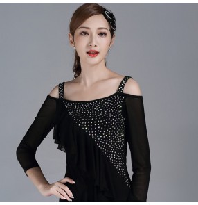 Women's rhinestones black colored ballroom latin dance tops waltz tango dance blouses tops