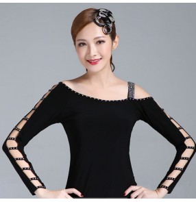 Women's rhinestones black latin ballroom dance tops salsa rumba chacha dance one shoulder blouses